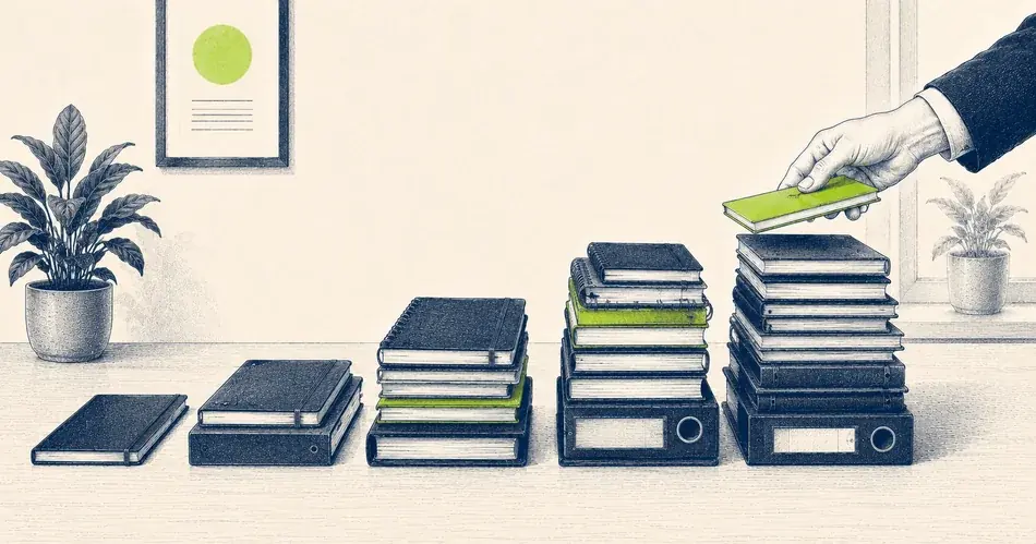 Aufsteigende Stapel aus Büchern und Ordnern, eine Hand legt oben ein grünes Element auf