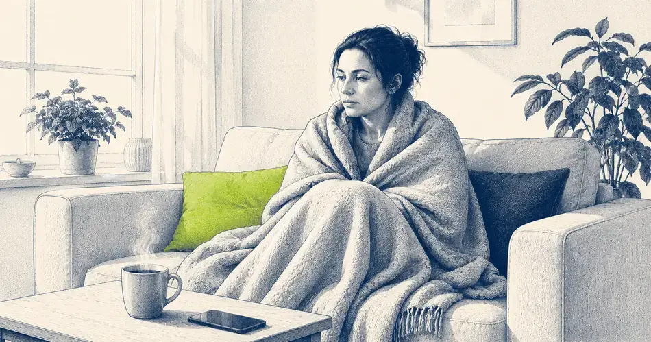 In eine Decke gehüllte Frau ruht sich mit einer Tasse Tee auf dem Sofa aus