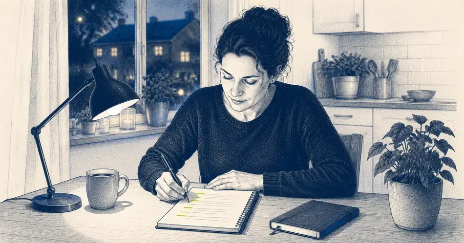 Frau schreibt abends konzentriert Vorfälle in ein Notizbuch