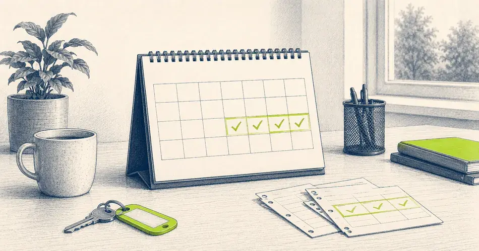 Schreibtisch mit markiertem Kalender, Büroschlüssel und Unterlagen